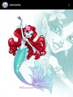 the little mermaid with red hair is standing next to her mother's head and tail