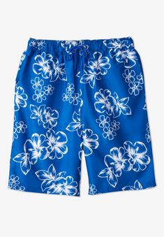 Stand out at the pool in these fun swim trunks. Made with an outside drawcord with grommets, side pockets, and one rear flap pocket with adjustable self Black Hibiscus, Active Swimwear, Flannel Shirt Dress, Hibiscus Print, Liberty Blue, Blue Hibiscus, Mens Scrubs, Muscle Shirts, Thermal Shirt