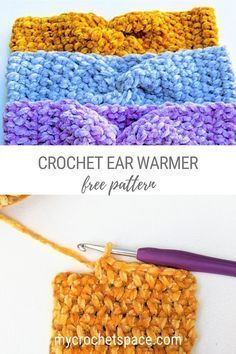 the crochet ear warmer is made with two different colors of yarn and has a hook