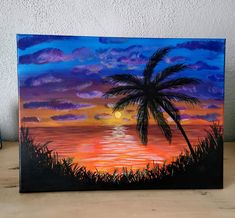 a painting of a sunset with palm trees