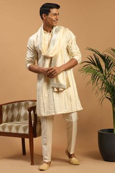 Buy Men's Cream Viscose Mirror Work Embroidered Kurta Pajama Jacket Set With Dupatta Online Off White Cotton Sets With Sheer Dupatta, Indian Wedding Dresses, Dresses For Men, Indian Men, Vertical Pattern, Men's Ethnic Wear, Festive Wedding, Mens Clothing Store, Men Cream