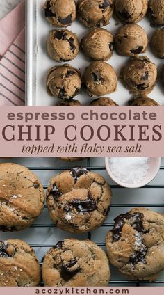 chocolate chip cookies on a cooling rack with text overlay that reads, espresso chocolate chip cookies topped with flaky sea salt