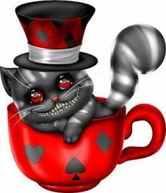 a black cat in a red cup wearing a top hat