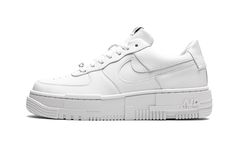 The Women’s Nike Air Force 1 Pixel “Triple White” uses subtle pixel detailing to update the iconic model.  This modified AF1 is highlighted by the mashup of pixelated detailing on the midsole, as well as oversized heel tabs and square-shaped lace eyelets.  Taking things a step further, the branding on the tongue and heel tab sport geometric "NIKE" and "AF1" graphics.  This Nike Air Force 1 "Pixel" comes in a all-white colorway and is offered in women's sizing. Af1 Pixel, Air Force 1 Pixel, 1 Pixel, Nike Air Force 1 Custom, High Heel Sneakers, Casual Sneakers Women, Stadium Goods, Air Jordan 1 High, Nike Womens