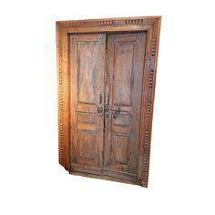 an old wooden double door with carvings on the front and side panels, isolated against a white background