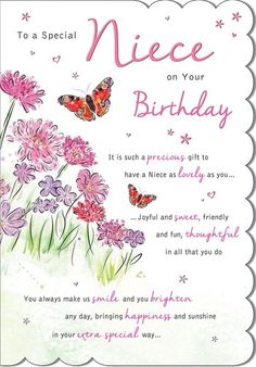 a birthday card with pink flowers and butterflies