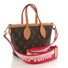 This is an authentic LOUIS VUITTON Monogram Neverfull BB in Pink Peony. This scaled-down version of the Neverfull is crafted with monogram coated canvas. It features vachetta leather trim, flat top handles, and an adjustable/detachable strap, with a coin purse attached to a D-ring. The top is open to a dark pink striped fabric interior with a patch pocket. Louis Vuitton Monogram Neverfull, Louis Vuitton Neverfull Monogram, Monogram Neverfull, Pink Peony, Striped Fabric, Flats Top, Pink Peonies, D Ring, Authentic Louis Vuitton