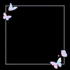 a square frame with three butterflies flying around it on a black background, in the shape of a rectangle