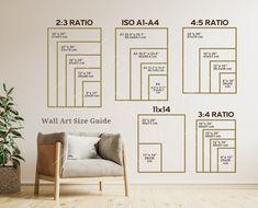 the wall art size guide is displayed in front of a chair and potted plant