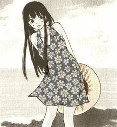 a drawing of a girl with long hair in a blue dress holding a baseball bat