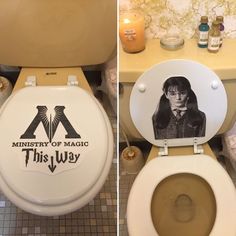 two pictures of a toilet with the lid up and an image of a woman on it