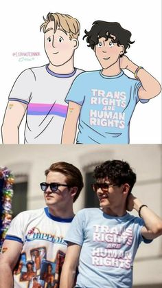 two men with glasses and one wearing a t - shirt that says trans rights human rights