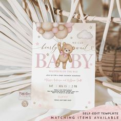 a teddy bear baby shower party is set up on a chair with pink and white decorations