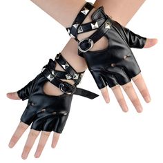 PRICES MAY VARY. PU Leather Material: these punk gloves are made of PU leather, which is faux leather, flexible, soft, durable and comfortable to wear, has a long service lifespan. Stylish Punk Belt Up Gloves: Punk leather gloves with Half finger design, short styling with half finger and little hole, belt with rivets decoration, chic and fashion, helps you show off your inner charming. Size: Palm wide 3.35 inches / 8.5cm, Wrist Length Bandage length: 18.5 inches / 47cm. These Punk Rivets Gloves Black Gloves Fingerless, Punk Gloves, Punk Belt, Finger Design, Gloves Fingerless, Performance Costume, Cold Weather Gloves, Fingers Design, Belt Design