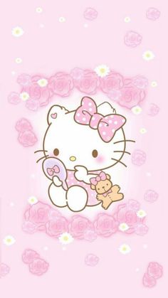 the hello kitty wallpaper is pink and has white flowers on it, as well as a teddy bear