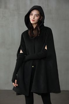 Linennaive cloaks are very popular this year. We believes a must have cloak should be THE MOST DURABLE. We use only the longest fibers, averaging 39-42mm long. That's about 30% longer than regular Grade A cashmere. The longer the fiber, the longer the cloaks lasts. Mantel Cape, Wool Cloak, Coat Cape, Cape Cloak, Hooded Wool Coat, Cashmere Cape, Wool Winter Coat, Black Cape, Black Winter Coat