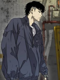 an anime character with black hair wearing a blue jacket and white pants, standing in front of a brick wall