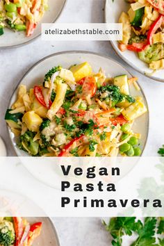 vegan pasta prima veggie salad on a white plate with text overlay