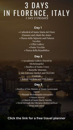 the three days in florence italy with text overlaying it and an image of a city