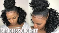 BRAIDLESS CROCHET | TOP KNOT/ HALF UP HALF DOWN (NO CORNROWS!) [Video] - https://blackhairinformation.com/video-gallery/braidless-crochet-top-knot-half-half-no-cornrows-video/ Half Up Half Down Hair Bun Top Knot Black Women, Crochet Updo, Curly Top Knot, Braidless Crochet, Curly Half Up Half Down, Half Braided Hairstyles, Crotchet Styles, Hair Half Up Half Down