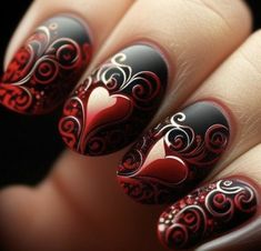 Gothic Valentines Nails, Dark Valentines Day Nails, Black And Red Nails, Valentines Nail Art, Art Inventory, Snowflake Nail Design, Snowflake Nail