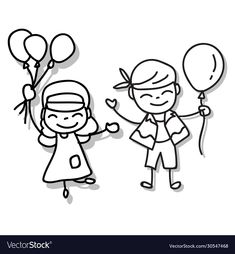 a drawing of two children holding balloons