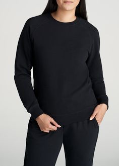 American-Tall-Women-Womens-FrenchTerry-CrewNeck-Black-front Comfortable Black Crew Neck Sweatshirt, Black Cotton Crew Sweatshirt, Black French Terry Sweatshirt Athleisure, Black French Terry Crew Neck Sweats, Black Moisture-wicking Long Sleeve Sweatshirt, Scrubs Dress, Black Crewneck, Extra Long Sleeves, Sports Blazer