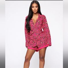 Pink Leopard Print Short Jumpsuit Flirty Pink Jumpsuits And Rompers For Beach, Flirty Pink Jumpsuits And Rompers For Vacation, Flirty Pink Jumpsuits And Rompers For Spring, Flirty Pink Jumpsuit For Spring, Pink Fitted Jumpsuits And Rompers, Casual Pink Jumpsuits And Rompers For Date Night, Casual Pink Jumpsuits For Date Night, Trendy Pink Jumpsuits And Rompers For Loungewear, Pink Jumpsuits And Rompers For Summer Nights