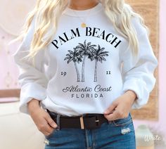 Palm Beach Sweatshirt, Palm Beach Florida Crewneck Sweater, Soft and Comfortable Pullover ♥ View more travel designs ♥ https://etsy.me/2UlYGxF Ideal for any situation, a unisex heavy blend crewneck sweatshirt is pure comfort. Garments are made from polyester and cotton. This combination helps designs come out looking fresh and beautiful. The collar is ribbed knit, so it retains its shape even after washing. There are no itchy side seams on these sweaters. - 50% Cotton 50% Polyester - Medium-heav Fall Vacation Crew Neck T-shirt, Fall Crew Neck T-shirt For Vacation, White Long Sleeve T-shirt For Beach Season, Letter Print Tops For Vacation In Fall, Letter Print Tops For Fall Vacation, Florida Sweatshirt, California Sweater, Beach Sweatshirt, Anna Maria Island