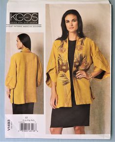 Vogue 1493.   Koos Van den Akker loose fit kimono jacket pattern.  Sizes L-XXL. (SZ 16-26).  See picture 3 for measurements. Pattern is uncut and factory folded. As described, "Very loose fitting, unlined jacket has band, side front seams and pockets, side slits, stitched hems, self lined, overlapped sleeves, and continuous bias binding for trim and finishing seams.  Purchased optional applique." Advanced level. This is a beautiful design from Koos van den Akker studios - create a unique jacket. Kimono Jacket Sewing Pattern, Kimono Jacket Pattern, Jacket Pattern Sewing, Tulip Sleeve, Vogue Sewing, Vogue Sewing Patterns, Vogue Pattern, Vogue Patterns, Womens Kimono