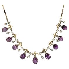 The amethyst stone are a gorgeous purple colour which sit beautifully in gold claw settings. The stones slightly graduate in size from the centre of the necklace to the fastening. In-between the stones is detailed gold work and there are drops set with aquamarine. This comes in its original box. Length: 40cm Stone Dimensions: 11x9-9x7mm Weight: 15.8g Victorian People, Lightweight Jewellery, Amethyst Stone Necklace, Light Weight Jewelry, Future Clothes, Purple Colour, Gold Jewelry Earrings, Turkish Jewelry, Wedding Accessories Jewelry