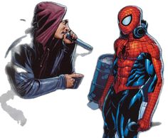 a drawing of a man with headphones on and a spider - man standing next to him