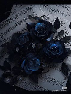 blue roses on sheet music with black leaves and water droplets in the middle, surrounded by musical notes