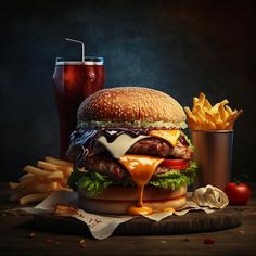 a hamburger, fries and drink on a wooden table with a dark backround