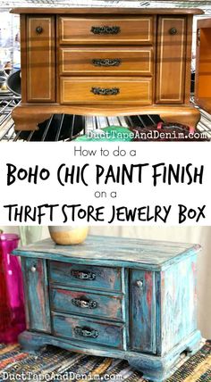 an old dresser painted blue and brown with the words how to do a boho chic paint finish on a thrift store jewelry box