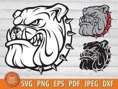 an image of the bulldog head in different colors and sizes on wood background with text that reads svg png files