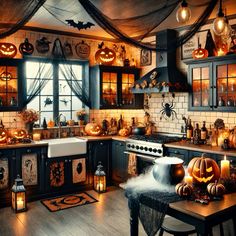 a kitchen filled with lots of halloween decorations