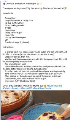 the recipe for blueberry cake is shown on facebook