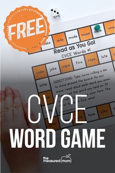 a cvce word game with the words free on it and an image of a hand holding