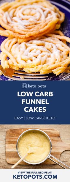 low carb funnel cake recipe on a blue plate with the words low carb funnel cakes