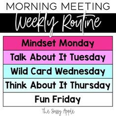 a sign that says morning meeting weekly routine with the words, mindset monday talk about it tuesday and wild card wednesday think about it