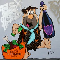 a painting of a man holding a bottle and money in front of a wall with graffiti on it