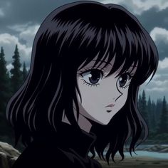 an anime character with long black hair and blue eyes looking at the camera, in front of trees