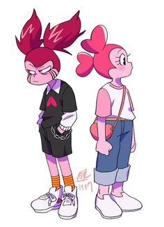 two cartoon characters one with pink hair and the other with blue shorts, standing next to each other