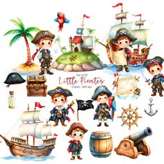 children's pirate clipart set with ships, flags and other items in watercolor style