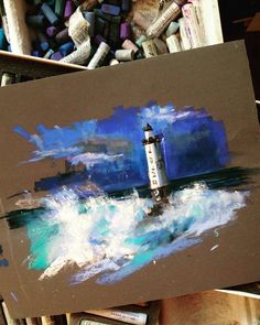 a painting of a lighthouse in the ocean