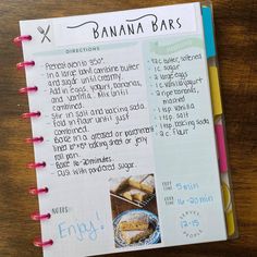 a recipe book with banana bars on it