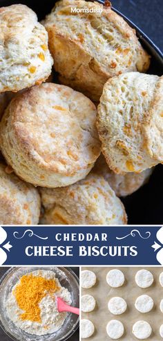 cheese biscuits in a pan with the words cheddar cheese biscuits on top and below