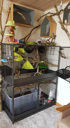 an animal cage with various animals in it and some shelves on the wall behind it