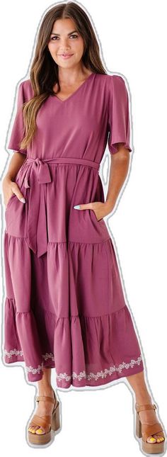 Modest Dress With Ruffle Hem And Flutter Sleeves, Modest Dress With Flutter Sleeves And Ruffle Hem, Modest Flutter Sleeve Dress With Ruffle Hem, Modest Short Sleeve Solid Color Dress, Modest Solid Dress With Ruffles, Purple Tiered Ruffle Hem Dress, Purple Tiered Dress With Ruffle Hem, Solid Color Dresses With Ruffle Hem And Flutter Sleeves, Modest Dresses With Ruffle Hem